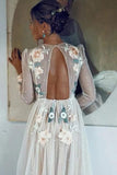 Elegant A Line Long Sleeves Embroidery Tulle Beads Prom Dresses with Open Back STI15511