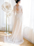 Unique V Neck Lace-up Mermaid Back Bridal Dresses Ivory Lace Trumpet Sleeve Wedding Dresses STI15469