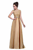 Elegant A-Line Applique Round Neck Lace Satin Ball Gown Evening PF19Q8AM