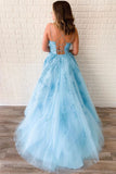 Unique A-Line Sky Blue Tulle Appliques Beads Scoop Prom Dresses with Lace STI20453