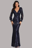 Long Split Sleeve Mermaid V Neck Dark Navy Blue Sequins Prom Dresses, Formal Dress STI15256