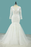 2024 Elegant Mermaid Wedding Dresses Scoop Tulle With Appliques Long Sleeves PBQNDAL2