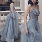 Spaghetti Straps Blue Gray Tulle V Neck Long Ruffles Prom Dresses with Lace Applique STI15411