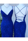 Spaghetti Crossed Straps Royal Blue Mermaid Prom Dresses V Neck Lace PQDT9MKZ