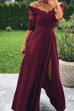 Modest Off the Shoulder Burgundy Bridesmaid Dresses with Slit, Prom STI20427