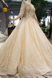 2024 Lace Wedding Dresses Scoop 3/4 Sleeves Lace Up Back P1S1JRYS