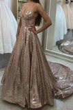 Puffy Sleeveless Sequined Court Train Prom Dress, Sparkly Sequin Evening Dresses STI15312