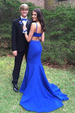 Simple Spaghetti Straps Long Open Back Royal Blue Prom Dresses P34FTFQP