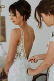 Elegant Mermaid Lace Appliques Straps V Neck Ivory Wedding Dresses, Beach Wedding Gowns STI15515