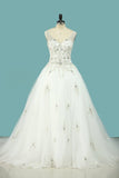 2024 Wedding Dress V Neck Beaded Bodice A Line Tulle With Embroidery PLAA79FA