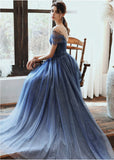 Charming A Line Blue Ombre Tulle Prom Dresses with Open Back, Evening STI20394