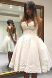 A Line V Neck Ivory Appliques Beads Homecoming Dresses Short Wedding Dresses STI15041