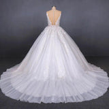 Princess Ball Gown Sheer Neck White Wedding Dresses Lace Appliqued Bridal Dresses STI15293