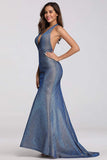 Sexy V Neck Halter Blue Backless Prom Dresses, Cheap Long Party Dresses STI15365