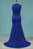 2024 Mermaid High Neck Spandex With Slit Evening Dresses PAKM18HT