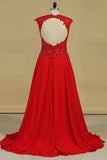 2024 Prom Dresses A Line Scoop Chiffon Sweep Train With Slit And Applique PAN432A5