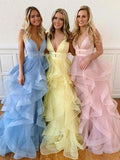 A Line Yellow Multi-layered Polka Dot Organza Prom Dresses Long Sweet 16 STI15616