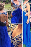 2024 V-Neck Prom Dresses Dark Royal Blue A Line Chiffon PHRCRDDS