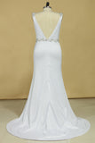 2024 Plus Size Wedding Dresses A Line V Neck Open Back With Beading Stretch PM7HK7BM