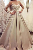 Puffy Sheer Neck Long Sleeves Satin Prom Dress PFZARAFF