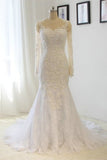 2024 Scoop Long Sleeves Wedding Dresses Mermaid Tulle With Beading PL7KKPYK