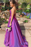 A Line Grape Spaghetti Straps Satin V Neck Long Prom Dresses Backless Evening Dresses STI15488