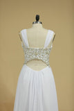 2024 Open Back V Neck With Applique And Beads A Line Chiffon Prom P83SJCF3