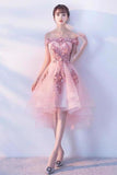 Pink Lace Tulle Short Prom Dress Off-the-Shoulder Appliques Lace up Homecoming Dresses STIPST13190