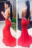 Red Halter Scoop Open Back Mermaid Sleeveless Sexy Backless Prom Dress Evening Dress