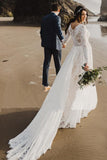 Charming A Line Long Sleeves V Neck Lace Ivory Beach Wedding Dresses, Bridal STI20395