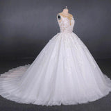 Princess Ball Gown Sheer Neck White Wedding Dresses Lace Appliqued Bridal Dresses STI15293