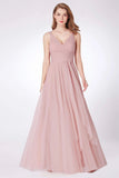 Simple A Line Pink V Neck Tulle Sleeveless Prom Dresses Long Bridesmaid Dresses STI15383