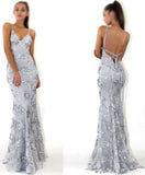 Sexy V-Neck Spaghetti Straps Grey Mermaid Sequined Backless Sleeveless Evening Dresses