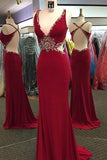 2024 V-Neck Beaded Bodice Open Back Prom Dresses Column Spandex P3TCMJT5