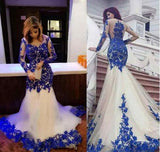 Mermaid Royal Blue Scoop Appliques Tulle Prom Dresses Long Evening STI20464