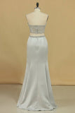 2024 Satin Floor Length Two-Piece Prom Dresses Sweetheart Beaded PX64DQM2