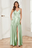 A-line V-neck Soft Satin Long Bridesmaid Dress with Pockets