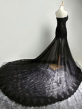 Sexy Black Sweetheart Sheath Tulle Beads Lace Appliques Strapless Long Prom Dresses