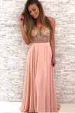 Gorgeous Beaded Pink Chiffon Long V-Neck Spaghetti Straps Evening Prom Dresses