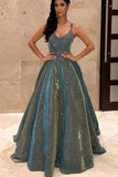 Sparkly Spaghetti Straps Green Sequins Prom Dresses, Backless Party Dresses STI15431