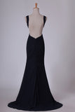 2024 Black Straps Open Back Prom Dresses Mermaid Sweep Train PR4QFB28