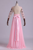 2024 Mid-Length Sleeve A-Line Scoop Chiffon Prom Dresses Floor-Length With Applique & PN9R76LN