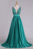 2024 Sweep Train A Line Prom Dresses V Neck Satin PX4G3QTS