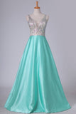 2024 A Line V Neck Open Back Prom Dresses Beaded Bodice P93J7SPY