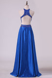 2024 Satin Prom Dresses Scoop Beaded Bodice Open Back A Line PMHLDJED