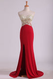 2024 Prom Dresses Sheath Sweetheart Spandex With Slit And Applique PYXZBZRT