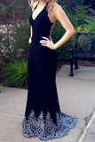 Dark Navy Blue Mermaid Prom Dresses With Appliques Charming Long Formal STIPESSR754