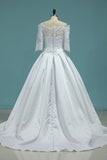 2024 Wedding Dresses Boat Neck Satin With Applique And Sash PFQJPM64