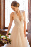 Elegant A Line Lace Appliques Deep V Neck Backless Halter Tulle Beach Wedding Dresses