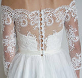 A-Line Lace Scoop 3/4 Sleeve Appliques Tulle Floor-Length White Button Wedding Dresses